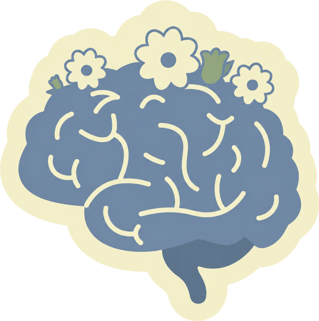 Ilustração de um cérebro florido, representando saúde mental e cuidado
